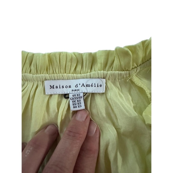 Maison D'Amélie Butter Yellow Drawstring Neck Peasant Blouse Short Sleeves XS - Picture 2 of 4